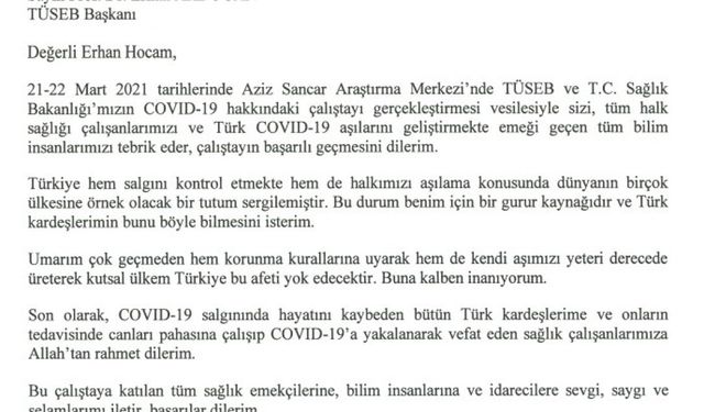 Nobel Ödüllü Aziz Sancar'dan Türkiye'ye övgü mektubu